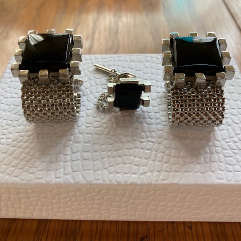 Silver Tone Square With Black Flat Gem Cufflinks … - image 2